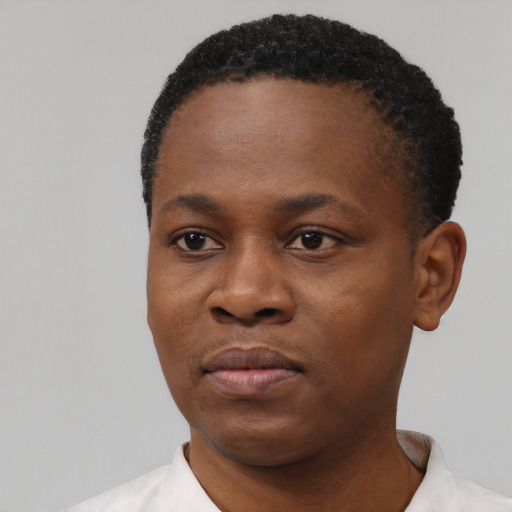 Neutral black young-adult female with short  black hair and brown eyes