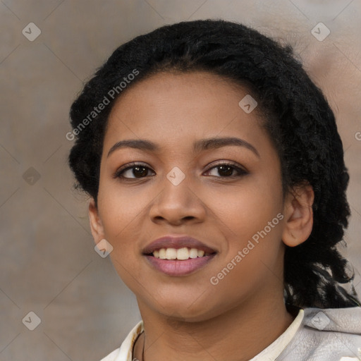 Joyful latino young-adult female with short  black hair and brown eyes