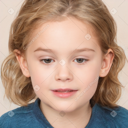 Joyful white child female with medium  brown hair and grey eyes