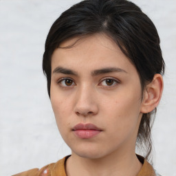 Neutral white young-adult female with medium  brown hair and brown eyes