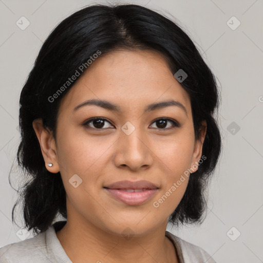 Joyful latino young-adult female with medium  black hair and brown eyes