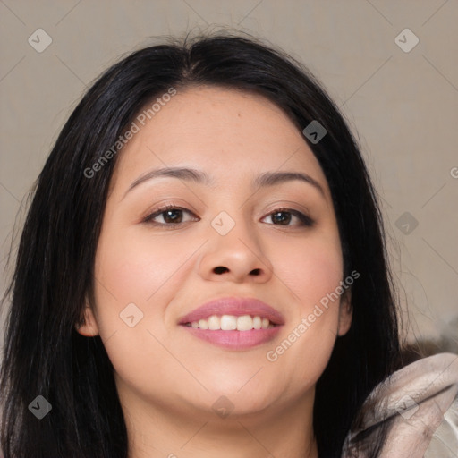 Joyful asian young-adult female with long  brown hair and brown eyes