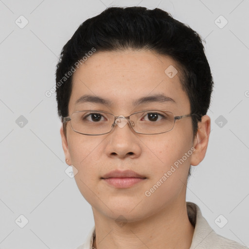 Neutral asian young-adult male with short  brown hair and brown eyes