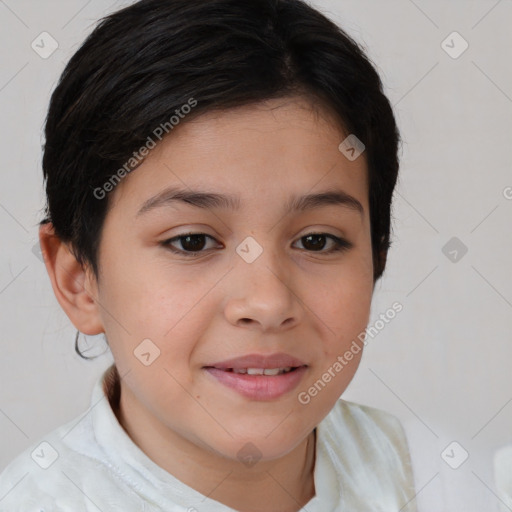 Joyful white child female with medium  brown hair and brown eyes