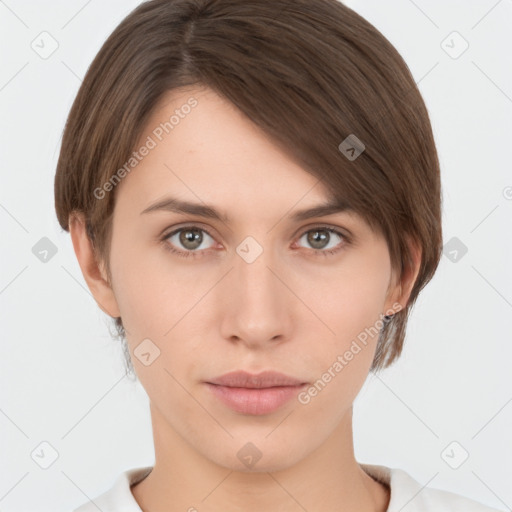 Neutral white young-adult female with short  brown hair and brown eyes