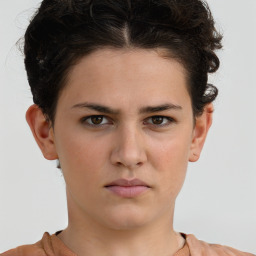 Neutral white young-adult female with short  brown hair and brown eyes