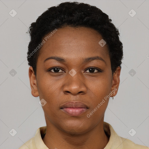 Neutral black young-adult female with short  black hair and brown eyes