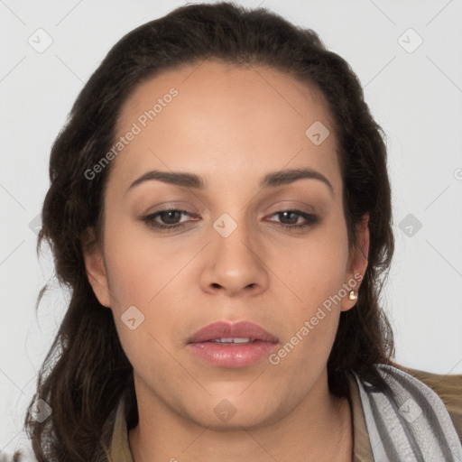 Neutral white young-adult female with long  brown hair and brown eyes