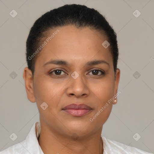 Joyful latino young-adult female with short  brown hair and brown eyes