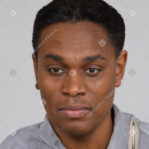 Neutral black young-adult male with short  black hair and brown eyes