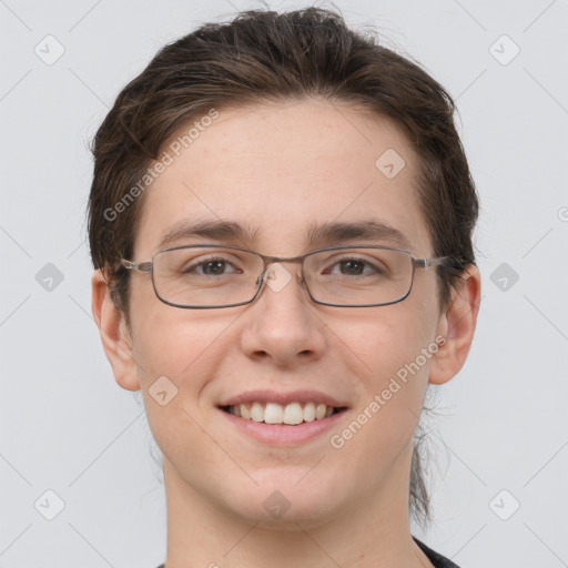 Joyful white young-adult female with short  brown hair and grey eyes