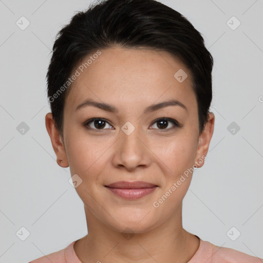 Joyful white young-adult female with short  black hair and brown eyes