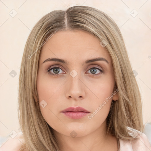 Neutral white young-adult female with long  brown hair and brown eyes