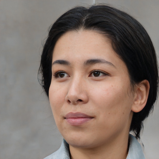 Neutral asian young-adult female with medium  brown hair and brown eyes