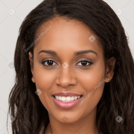 Joyful latino young-adult female with long  brown hair and brown eyes