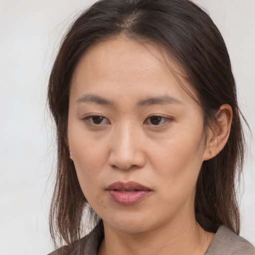 Neutral white young-adult female with medium  brown hair and brown eyes