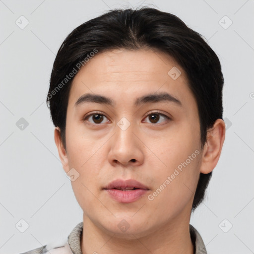 Neutral asian young-adult male with short  black hair and brown eyes