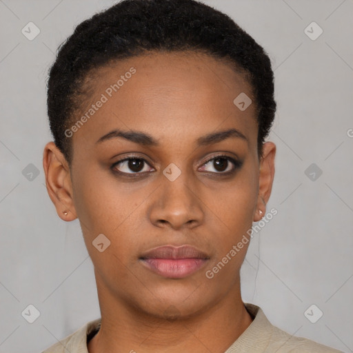 Neutral latino young-adult female with short  black hair and brown eyes