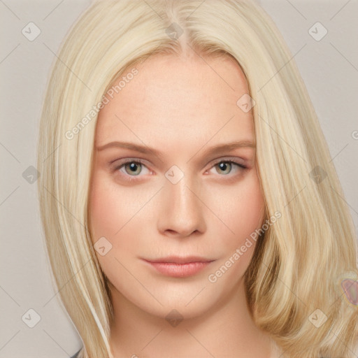 Neutral white young-adult female with long  blond hair and blue eyes