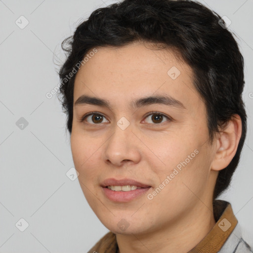 Joyful white young-adult male with medium  brown hair and brown eyes