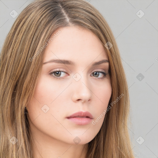 Neutral white young-adult female with long  brown hair and brown eyes