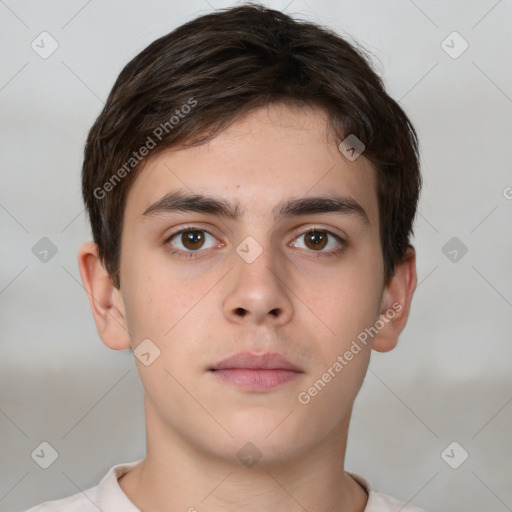 Neutral white young-adult male with short  brown hair and brown eyes