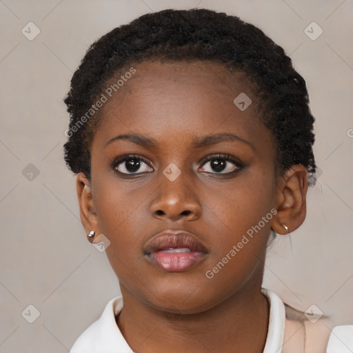 Neutral black young-adult female with short  brown hair and brown eyes