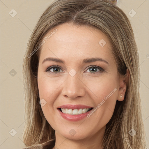 Joyful white young-adult female with long  brown hair and brown eyes