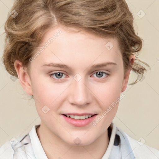 Joyful white young-adult female with medium  brown hair and blue eyes