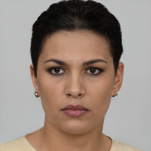 Neutral latino young-adult female with short  black hair and brown eyes