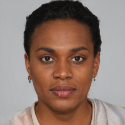 Neutral black young-adult female with short  black hair and brown eyes