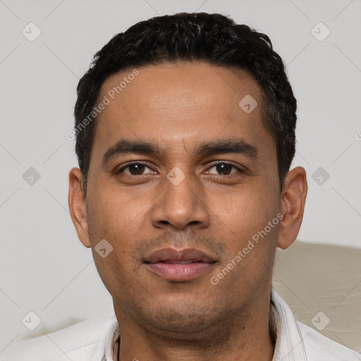 Neutral latino young-adult male with short  black hair and brown eyes