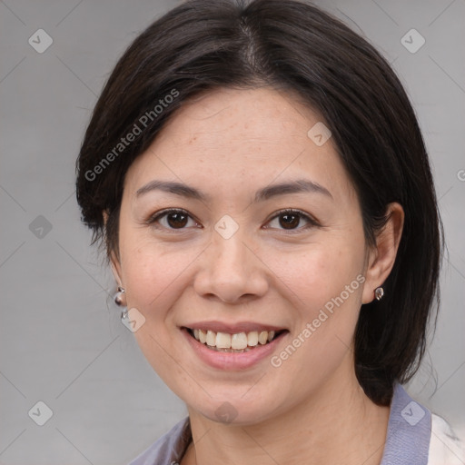 Joyful white young-adult female with medium  brown hair and brown eyes