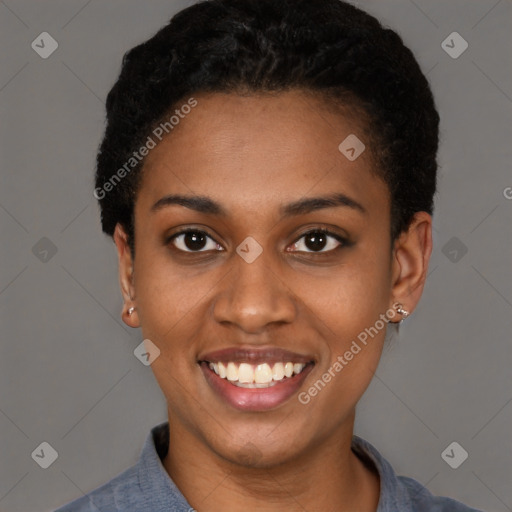 Joyful latino young-adult female with short  black hair and brown eyes