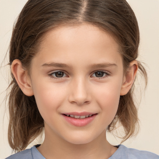 Joyful white child female with medium  brown hair and brown eyes