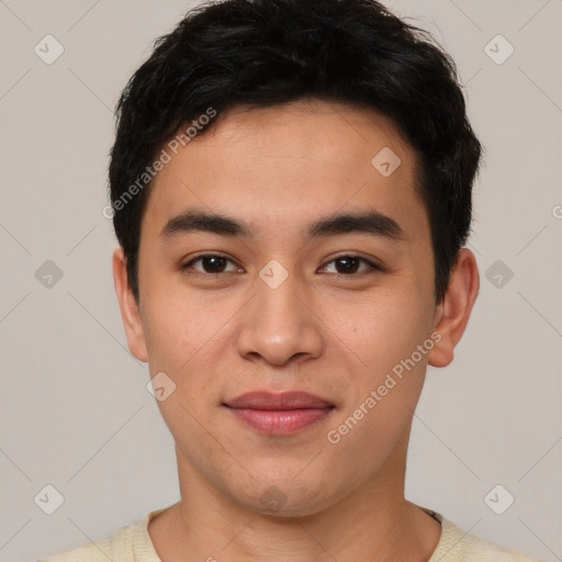 Joyful white young-adult male with short  black hair and brown eyes