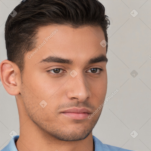 Neutral white young-adult male with short  brown hair and brown eyes