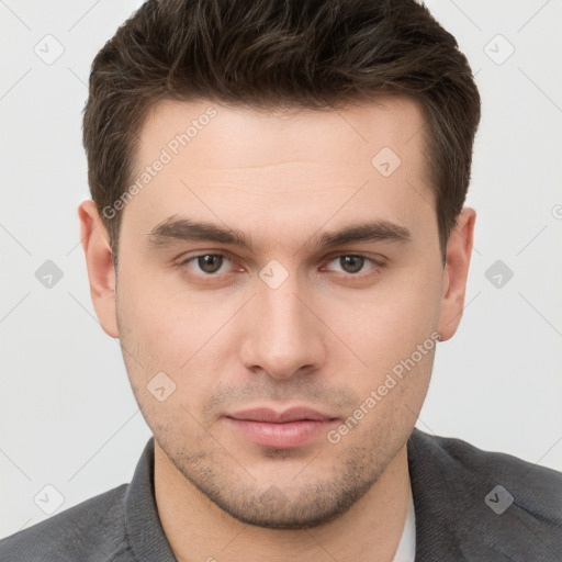 Neutral white young-adult male with short  brown hair and brown eyes