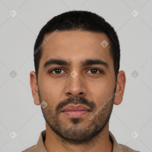 Neutral latino young-adult male with short  black hair and brown eyes