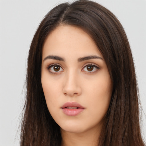 Neutral asian young-adult female with long  brown hair and brown eyes