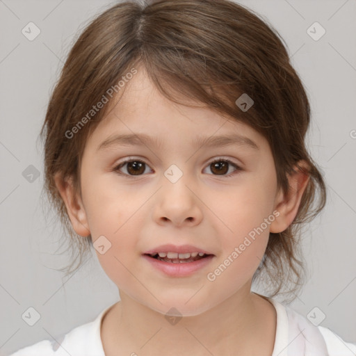 Joyful white child female with medium  brown hair and brown eyes