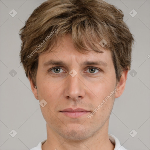 Neutral white adult male with short  brown hair and grey eyes