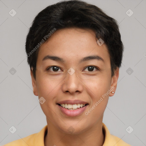 Joyful asian young-adult female with short  brown hair and brown eyes