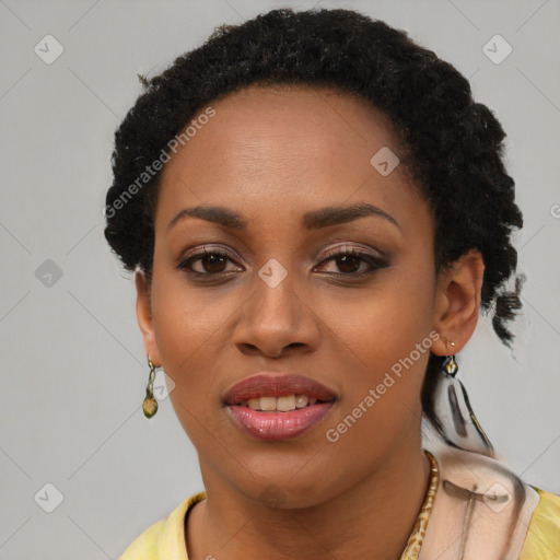 Joyful latino young-adult female with short  brown hair and brown eyes