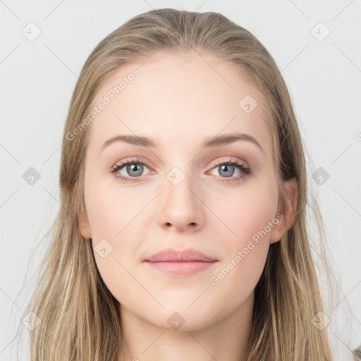 Neutral white young-adult female with long  brown hair and grey eyes