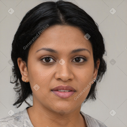 Joyful latino young-adult female with medium  black hair and brown eyes