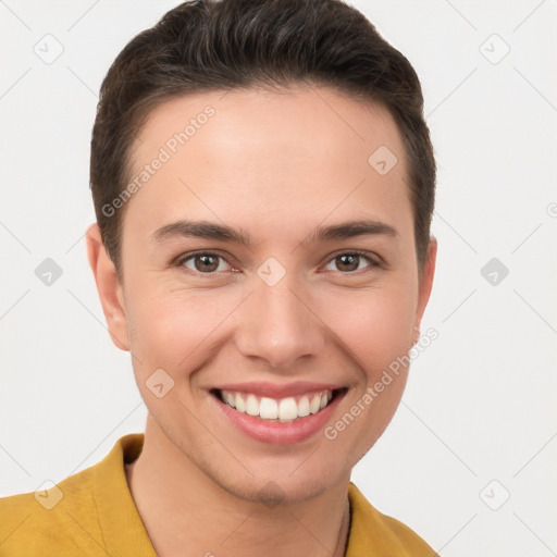 Joyful white young-adult female with short  brown hair and brown eyes