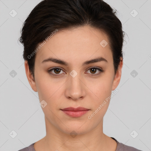 Neutral white young-adult female with short  brown hair and brown eyes