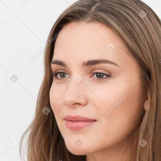 Neutral white young-adult female with long  brown hair and brown eyes