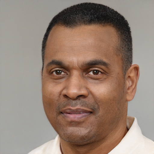Neutral black adult male with short  black hair and brown eyes